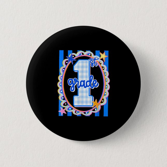Retro-gestreifte Lehrerin der ersten Klasse 1. Kla Button (Vorderseite)