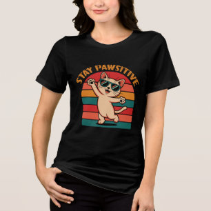 Retro-gestreiftes Bleib-Positiv-Katze-Design Tri-Blend Shirt