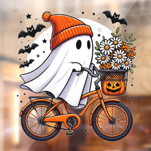Retro Ghost on Bicycle Halloween Fensteraufkleber