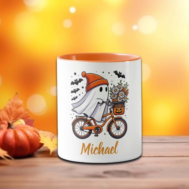 Retro Ghost on Bicycle Halloween Tasse (Von Creator hochgeladen)
