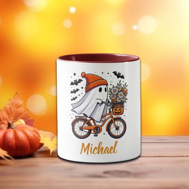 Retro Ghost on Bicycle Halloween Tasse (Von Creator hochgeladen)