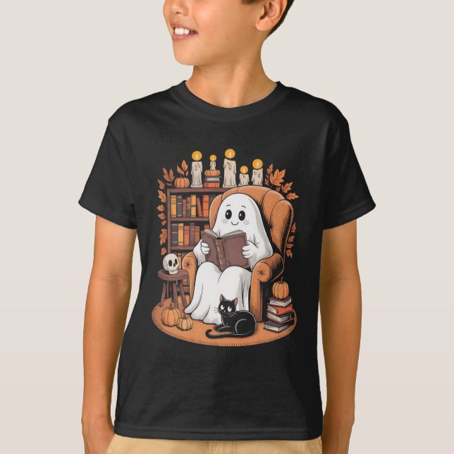 Retro Ghost Reading Books T-Shirt (Vorderseite)