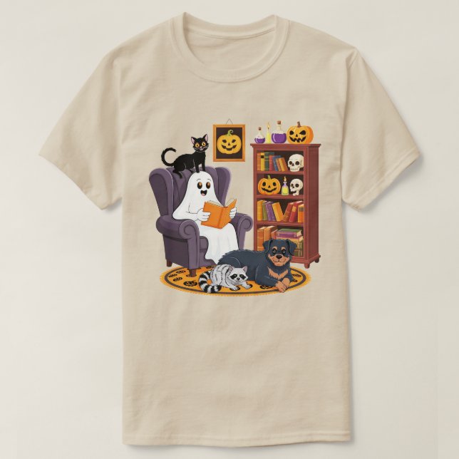 Retro Ghost Reading Books with Black Cat Raccoon  T-Shirt (Design vorne)