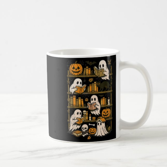 Retro Ghosts Reading Book Halloween Bookshelf Kaffeetasse (Rechts)