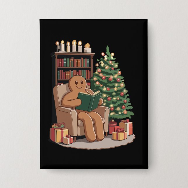 Retro Gingerbread Reading Books Christmas Teacher  Button (Vorderseite)
