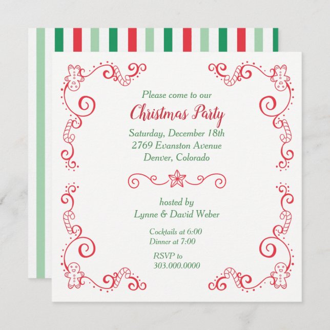Retro Gingerbrot Candy Cane Border Holiday Party Einladung (Vorne/Hinten)