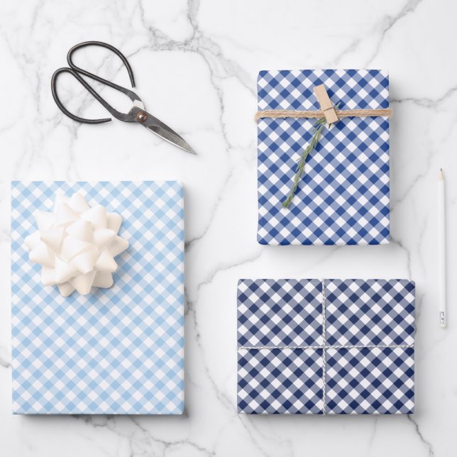 Retro Gingham 3 Blue Geschenkpapier Set (Vorderseite)
