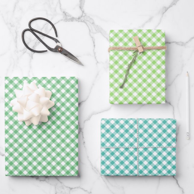 Retro Gingham 3 Grün Geschenkpapier Set (Vorderseite)
