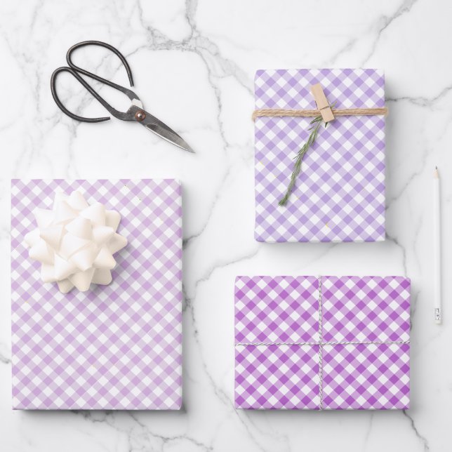 Retro-Gingham 3 Lila Geschenkpapier Set (Vorderseite)