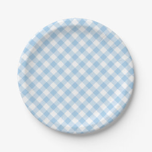 Retro-Gingham Babyblau Pappteller