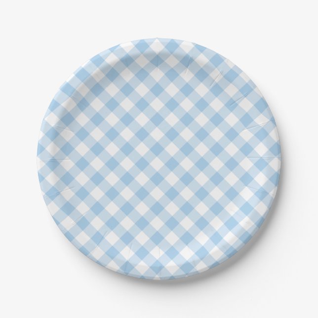 Retro-Gingham Babyblau Pappteller (Vorderseite)