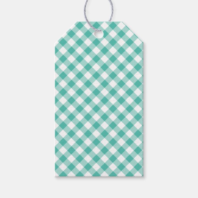 Retro-Gingham-Blau-Gras-Grün Geschenkanhänger (Vorderseite)