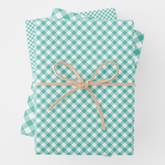 Retro-Gingham-Blau-Gras-Grün Geschenkpapier Set (Beispiel)