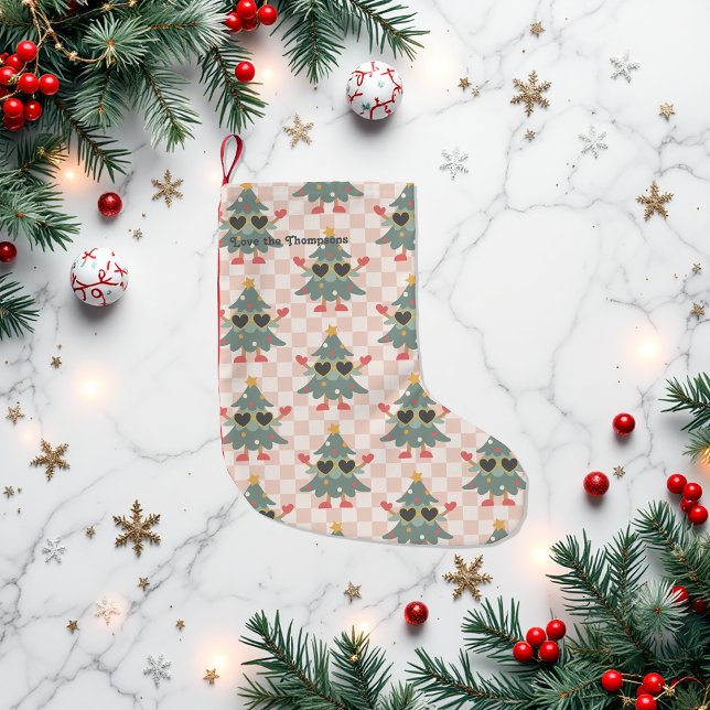 Retro Gingham Christmas Tree Personalisiert Kleiner Weihnachtsstrumpf (Retro Gingham Christmas Tree Personalized Small Christmas Stocking)