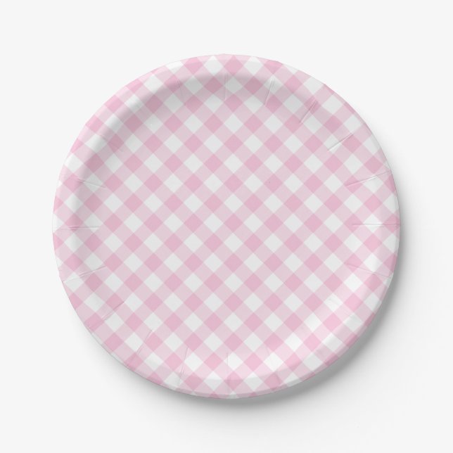 Retro-Gingham Hellrosa Pappteller (Vorderseite)
