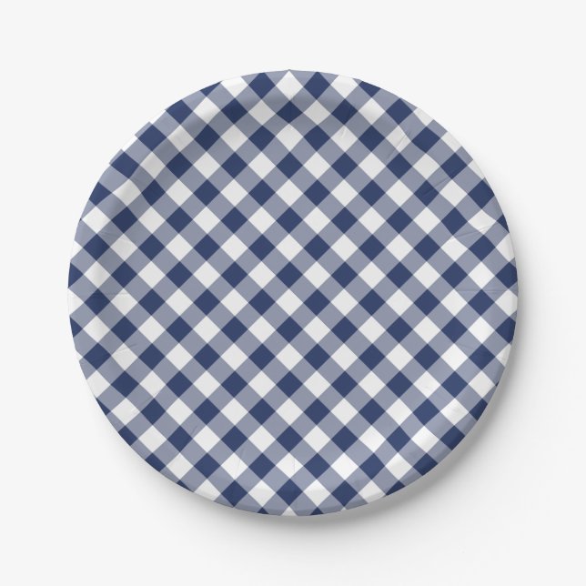 Retro-Gingham Navyblau Pappteller (Vorderseite)