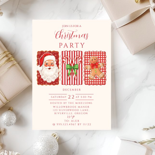 Retro-Gingham-Weihnachtsmann-Lebkuchen-Weihnachten Einladung (Von Creator hochgeladen)