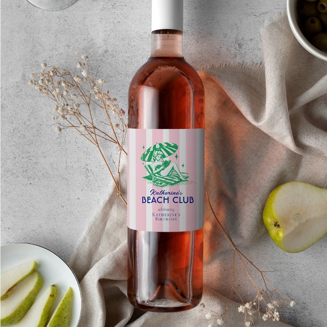 Retro Girl Beach Club Pink Stripes Birthday Party Weinetikett (Von Creator hochgeladen)