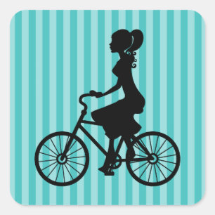 Retro Girl Cyclist Silhouette Quadratischer Aufkleber