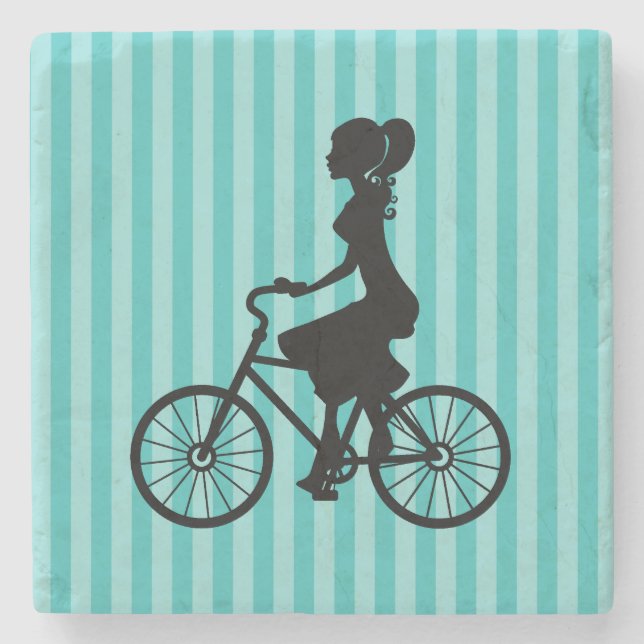 Retro Girl Cyclist Silhouette Steinuntersetzer (Vorderseite)