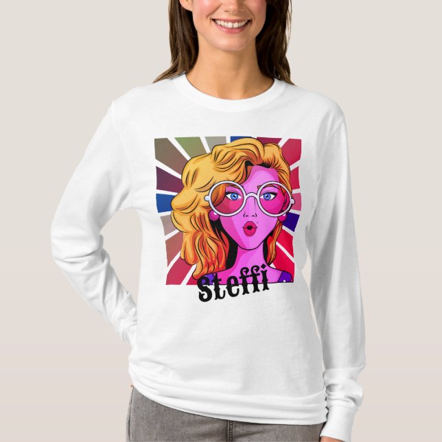 Retro Girl in smart Goggles Personalisierter Name T-Shirt (Vorderseite)