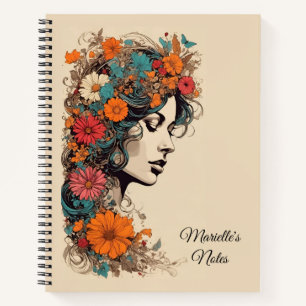 Retro Girl mit Blume im Haar Notizbuch