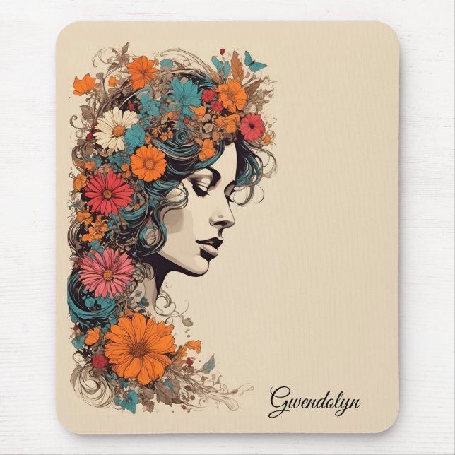 Retro Girl mit Blume in ihrem Haar Mousepad (Vorne)