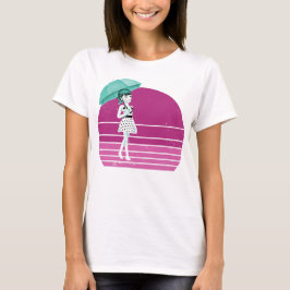 Retro Girl mit Regenschirm und Vintagem Sonnenunte T-Shirt