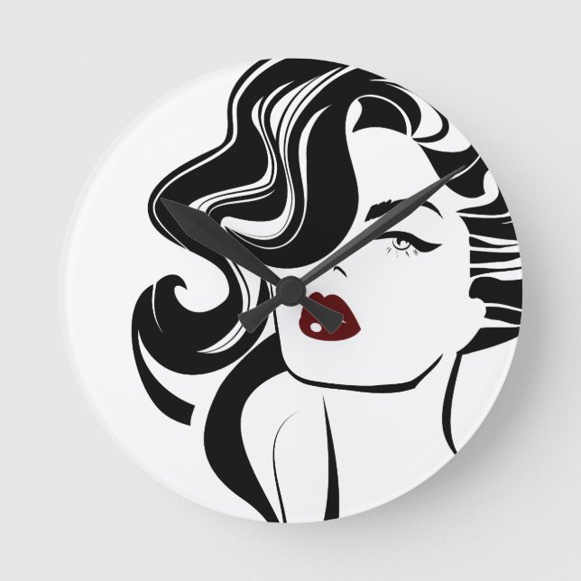 Retro Girl Red Lips Runde Wanduhr (Vorderseite)