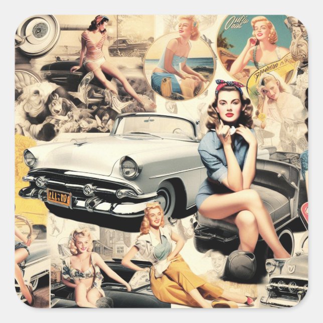 Retro Girls Collage aus den 50er Jahren Quadratischer Aufkleber (Vorderseite)