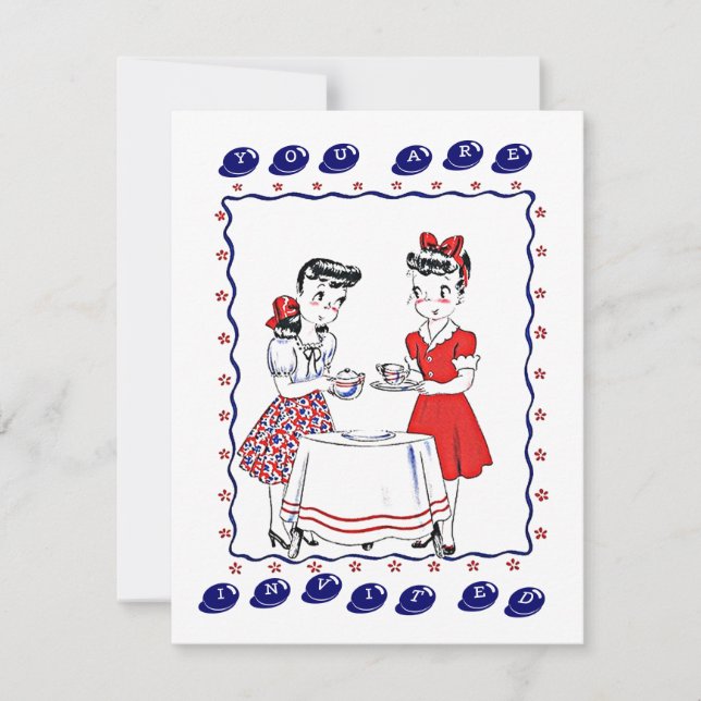 Retro Girls Gastgeber eines Tee-Party Soziales Ein Einladung (Vorderseite)