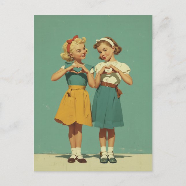 Retro Girls Sharing Heartfelt Joy Postkarte (Vorderseite)