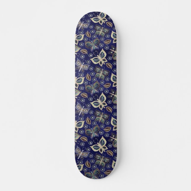 Retro Girly Blue Butterfly Musterskateboard Skateboard (Vorne)