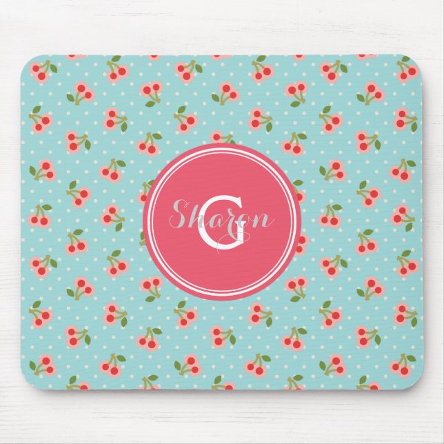 Retro girly Türkiskirsche kopiert Monogramm Mousepad (Vorne)