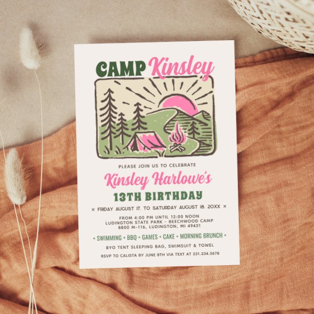 Retro Girly Weekend Camp Birthday Invitation Einladung (Retro Girly Weekend Camp Birthday Invitation)
