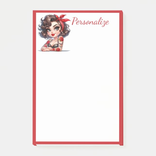 Retro Glam Girl Rose Tattoo Red Border Personalisi Post-it Klebezettel (Vorderseite)