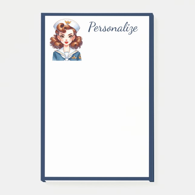 Retro Glam Navy Girl Blue Border Personalisieren Post-it Klebezettel (Vorderseite)