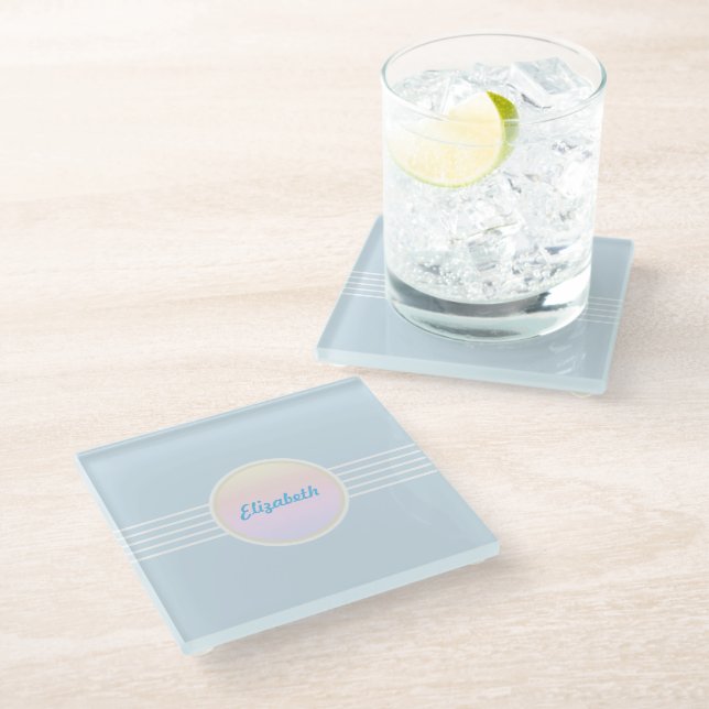 Retro Glam Personalisiert Ice Blue und Opal Glasuntersetzer (Schrägansicht)