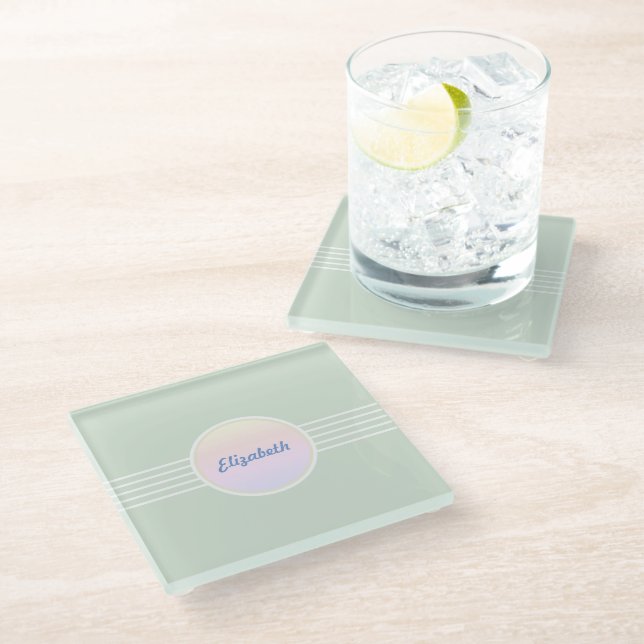 Retro Glam Personalisiert Mint Green und Opal Glasuntersetzer (Schrägansicht)