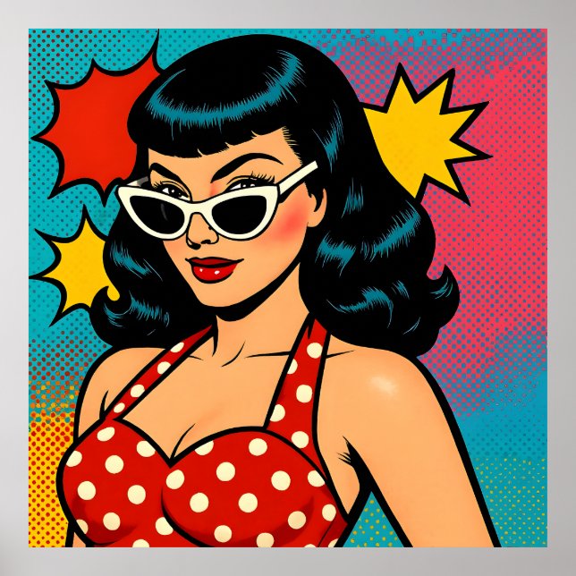 Retro Glam Pop Art Woman in Cat-Eye Sunglasses Poster (Vorne)