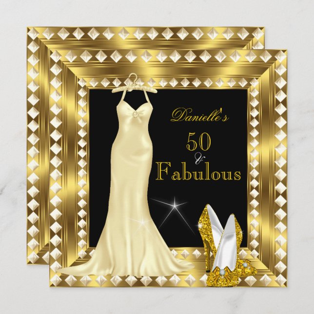 Retro Glamour Hollywood Fabulous 50 Gold Deko 3 Einladung (Vorne/Hinten)