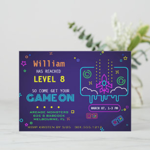 Retro-Glow-Neon-Arcade-Videospiel-Jungen-Geburtsta Einladung