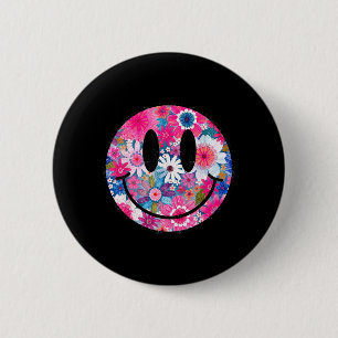 Retro glückliche Blumen lächelndes Gesicht Groovy  Button