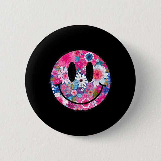 Retro glückliche Blumen lächelndes Gesicht Groovy  Button (Vorderseite)