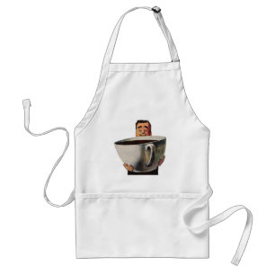 Retro glücklicher Mann trinkt riesige Tasse Kaffee Schürze