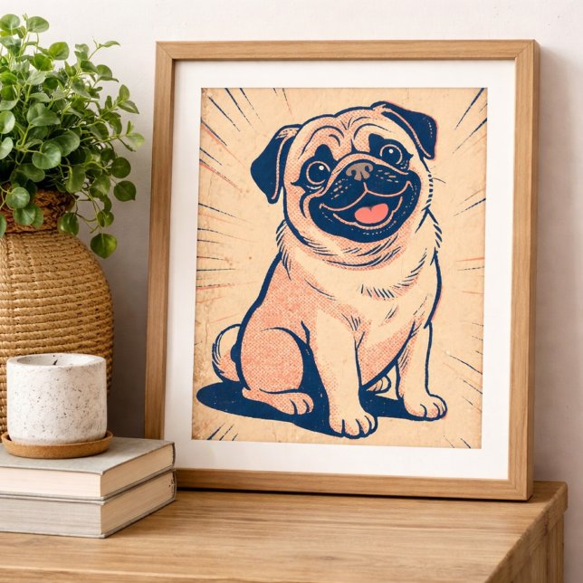 Retro glücklicher Pug-Hund im Comic-Stil Kunst Poster (retro comic pug)