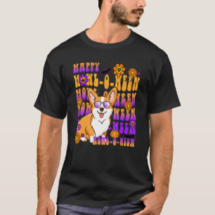 Retro Glückliches Heulen o ween Corgi Hund Blume T-Shirt