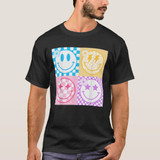 Retro Glückliches Lächeln Gesicht Karomuster Stimm T-Shirt