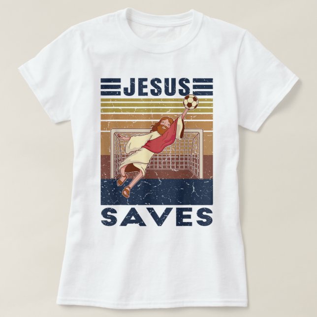 Retro Goalkeeper Jesus Rette Fußball-Ziel T-Shirt (Design vorne)