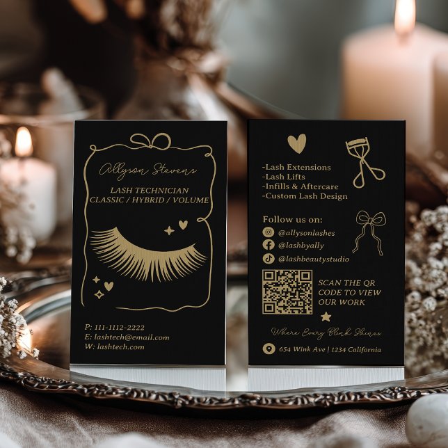 Retro gold black Doodles Lash Tech QR Code Visitenkarte (Retro gold black Doodles Lash Tech QR Code Business Card)